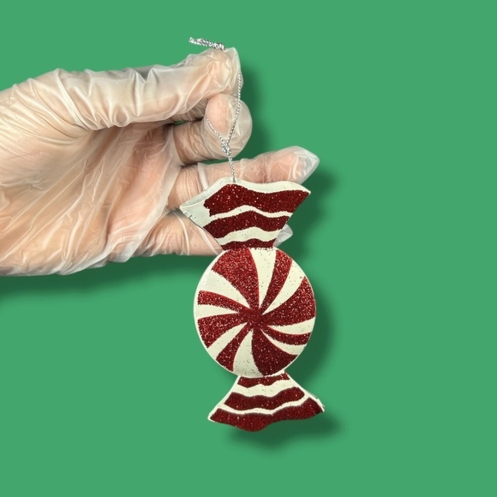 White And Red Glittery Metal Candy Ornament - “Cane”